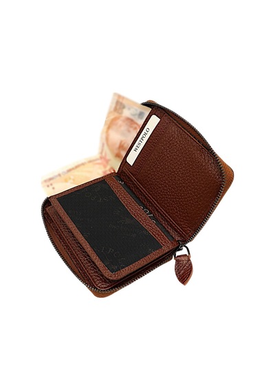 Westpolo Hakiki Deri Kağıt Para Ve Bol Kart Bölmeli Fermuarlı Unisex Cüzdan - Taba Taba