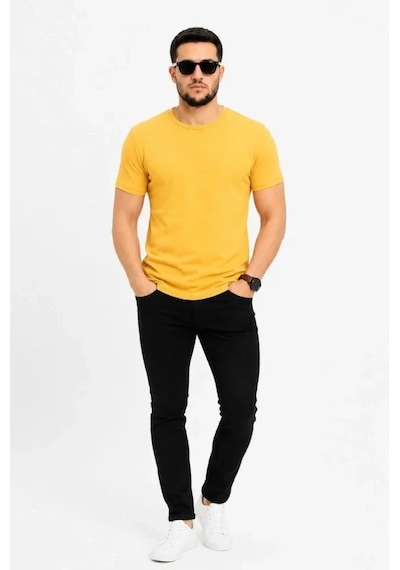 Defymoda Erkek Basic Tişört Bisiklet Yaka Kısa Kol Günlük Yazlık Slim Fit T-shirt - Sarı