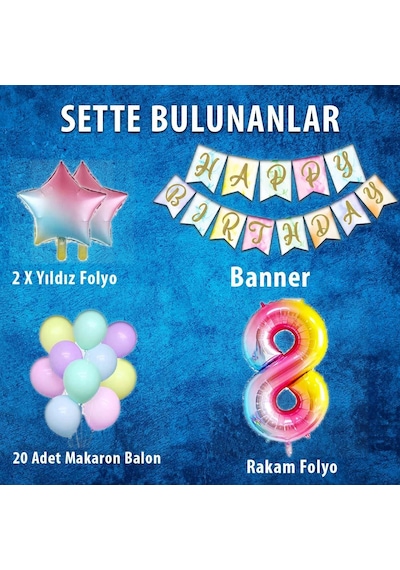 Gökkuşağı Konsepti 8 Yaş Doğum Günü Parti Kutlama Seti Rakam Ve