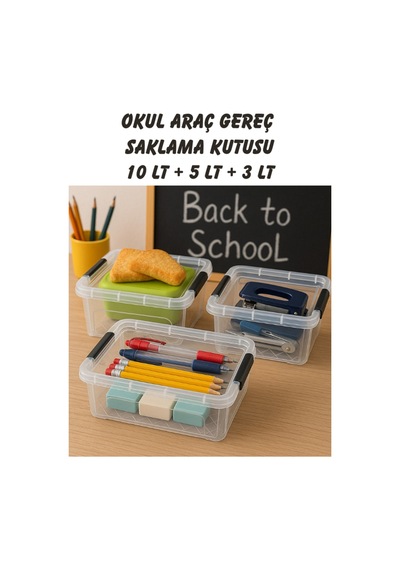 Kırtasiye Okul Araç Gerek Saklama Kutusu 10 Lt + 5 Lt + 3 Lt Şeffaf Beyaz