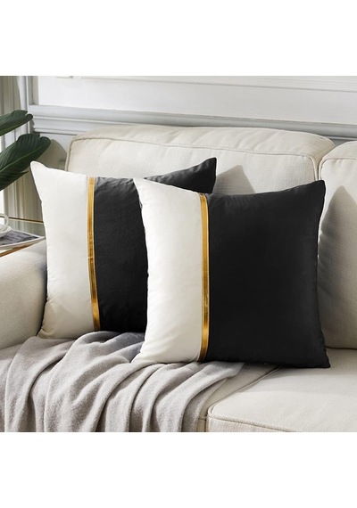 2 Paket Siyah Dekoratif Kırlent Kılıfları 45x45 Cm Oturma Odası Kanepe Yatağı İçin, Siyah Beyaz Kadife Yama İş Çok Renkli