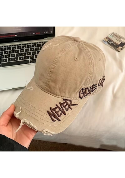 Valkyrie Unisex Bej Never Give Up Nakışlı Baseball Şapka Ayarlanabilir Vintage Streetwear Spor Kep