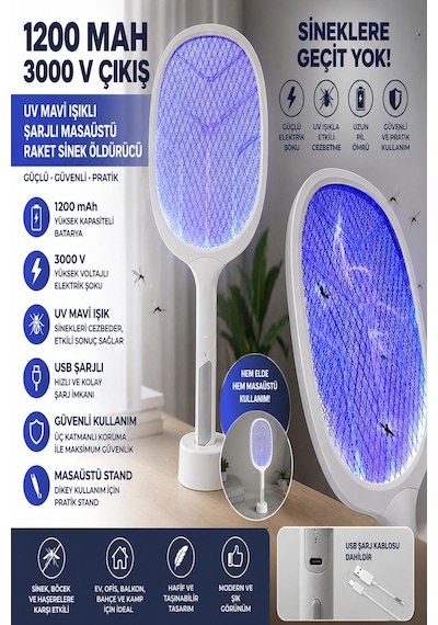 Şarjlı Uv Mavi Işıklı Sinek Öldürücü Raket 3000v Güçlü Masaüstü & Elde Kullanım 1200mah