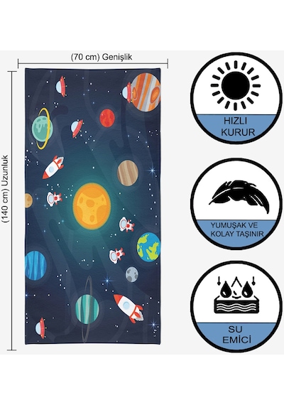 Uzay Ve Gezegenler Dijital Baskılı 70x140 Cm Çocuk Plaj Havlusu