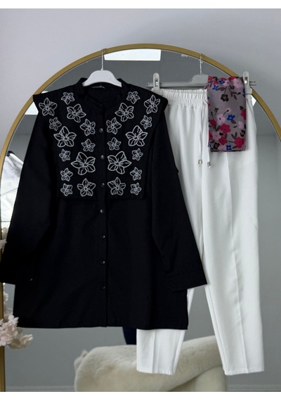 Lovie Moda Kadın Beyaz Pantolonlu Takım - Siyah