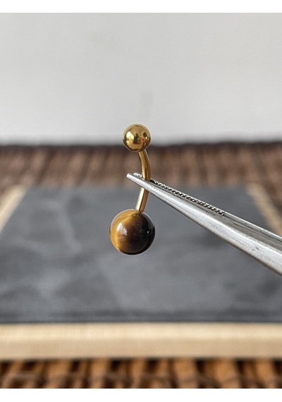%100 Cerrahi Çelik Doğal Kaplangözü Taşlı Çelik Göbek Piercingi Altın Kahverengi