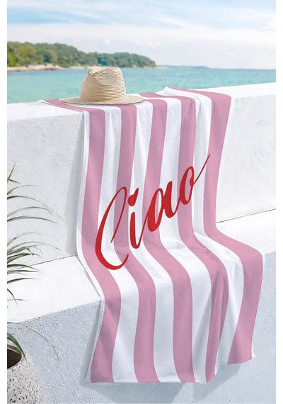Pembe Çizgili Ciao Yazılı Plaj Havlusu - Modern Marine Stil Havuz Deniz Banyo Sahil Örtüsü Çok Renkli