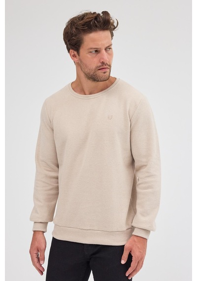 Comeor Erkek Bej Standart Fit Normal Kesim Pamuklu Basic Bisiklet Yaka Sweatshirt Bej