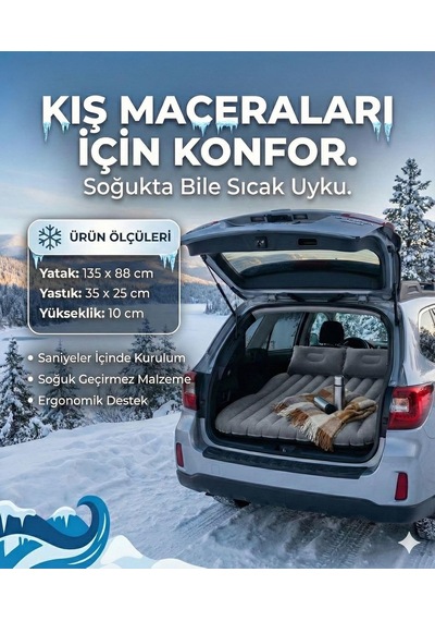 Araç İçi Şişme Yatak - Soğuk Geçirmez Kamp Matı + 2 Yastık+ Pompa 135x88 Cm, Gri Diğer