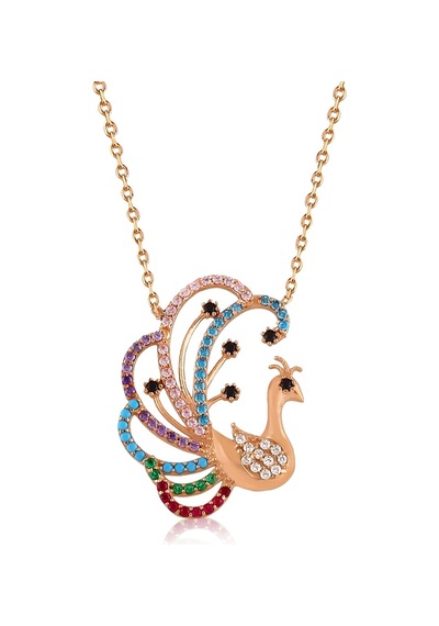 Kadın Renkli Zirkon Taşlı Gümüş Rose Tavus Kuşu Kolye N076801 Rose Gold