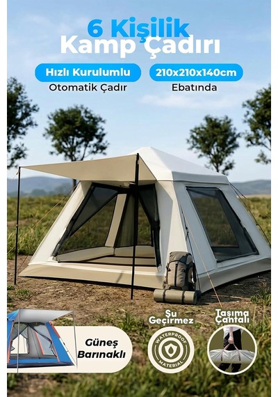 Outdoor Ac6636 6 Kişilik Otomatik Kamp Çadırı Krem 210x210x140 Cm Su Geçirmez Oxford Kumaş Diğer