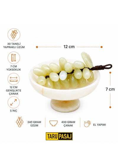 Feng Shui Bereket Üzümü Ve Van Taşı Ayaklı Çanak Seti 30 Taneli Doğal Taş Üzüm Salkımı Dekor 5 İnç El Yapımı Çanak Yeşil