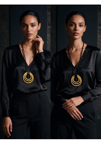Üçlü Sarı Halka Tasarım Örgü Deri Kadın Kolye - Modern Boho Uzun İpli Madalyon Kolye