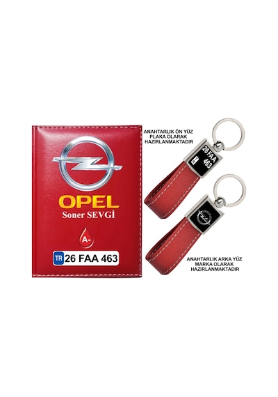 Plakanıza Özel Opel Logolu Kırmızı Ruhsat Kabı Ve Anahtarlık