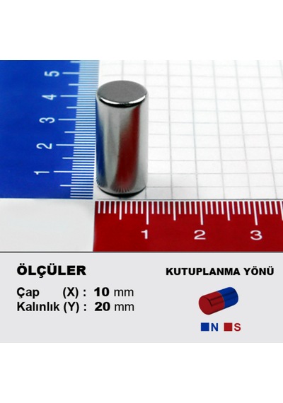 1 Adet Neodyum Mıknatıs Çap: 10mm Kalınlık: 20mm D10x20 Ndfeb Güçlü Mıknatıs Yuvarlak N064