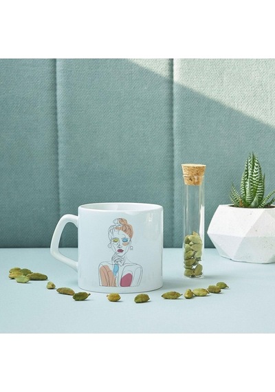 Line Art Düşünen Kız Tasarımlı Porselen Kupa Bardak 7,5 Cm Yüksekliğine Ve 8 Cm Çapına Beyaz - Çok Renkli