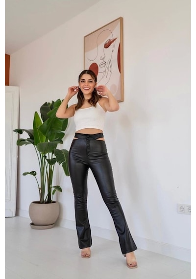 Defymoda Siyah Bel Detaylı Deri Pantolon Siyah