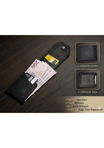 Aldorya %100 Hakiki Crazy Deri Minimalist Akıllı Cüzdan Fonksiyonel Ve Şık Tasarım Unisex Siyah