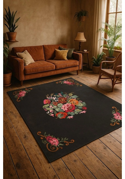 Çiçek Motifli Modern Halı Dekoratif Kilim Siyah