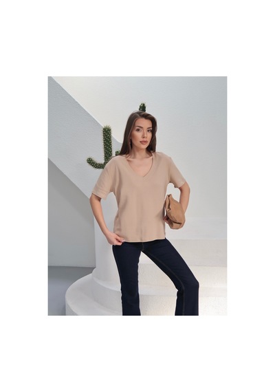 Paw Garage Kadın Massi İnterlok Kumaş V Yaka Oversize T-shirt Bej