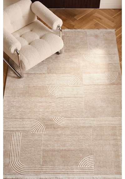 Sembol 2910 Bej Modern Geometrik Akrilik Mutfak Halısı