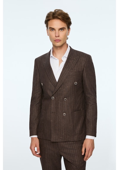 Morven Erkek Kahve Keten Trend Çizgili Slim Fit Sivri Yaka Kruvaze Takım Elbise 26ys001001400 Kahve