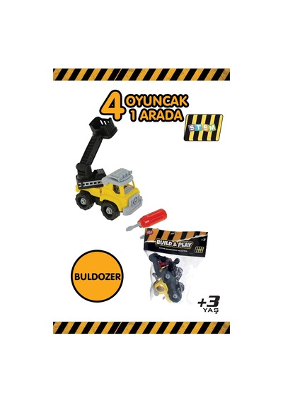 Build & Play 4 Ü 1 Arada Sök Tak İş Makinesi Oyuncak Seti Kepçe Mikser Vinç Buldozer Stem +3 Yaş