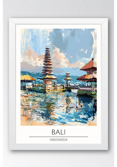 Endonezya Bali Temalı Çerçeveli Tablo Travel Serisi Modern İllüstrasyon Egzotik Duvar Dekoru Beyaz