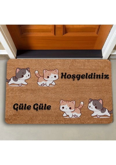 Valerine Life Sarı Siyah Yavru Kediler Hoş Geldiniz Ve Güle Güle Kapı Önü Paspası 45x70cm