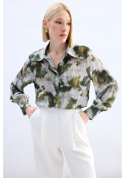 Sateen Desenli Gömlek - Haki-136913 haki