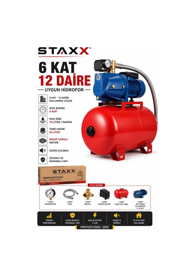 Staxx Hd6k12 1.5 Hp 50 Lt Hidrofor Otomatik Su Pompası Bakır 6 Kat 12 Daire Apartman Villa Hidrofor