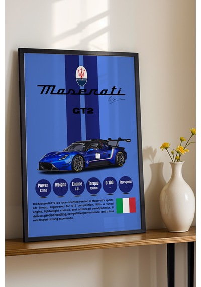 Maserati Gt2 Premium Mavi Yarış Arabası Tablosu - Teknik Özellikli İtalyan Otomobil Duvar Dekoru Siyah