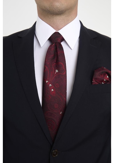 Brianze Bordo Beyaz Şal Motif Desen Kravat Mendil Set Bordo - Beyaz