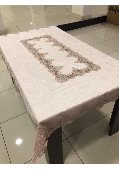 Almila Home Fransız Dantel Kadife 140X180 Masa Örtüsü Pudra D15