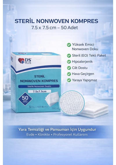 Steril Nonwoven Kompres 7.5x7.5 Cm 150 Adet 3 Lü Paket Hipoalerjenik Yüksek Emici Kumaş