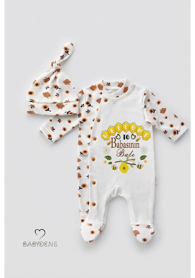 Babyden's Babasının Balı Yazılı Yenidoğan Bebek Tulumu Şapka Seti Arı Desenli %100 Pamuk Unisex Bebek Tulum Ekru - Sarı