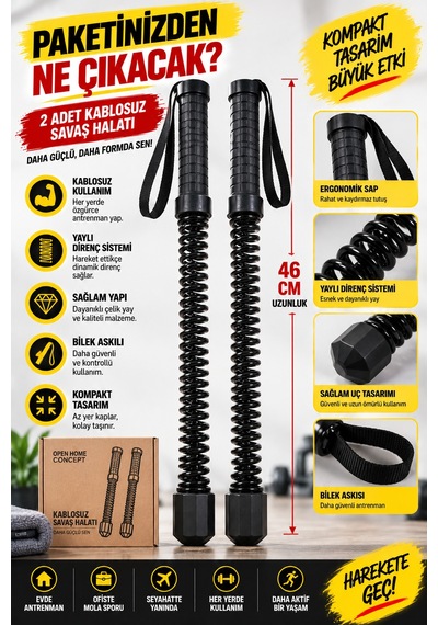 2'li Set 46 Cm Kablosuz Savaş Halatı Yaylı Egzersiz Aleti Evde Fitness Ergonomik Bilek Askılı Sporcu Siyah