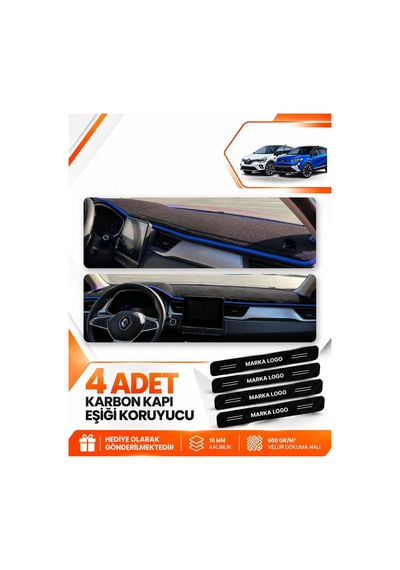 Renault Captur 2 2019-2024 Uyumlu Ön Torpido Koruma Kılıfı Halısı Örtüsü - Siyah Mavi