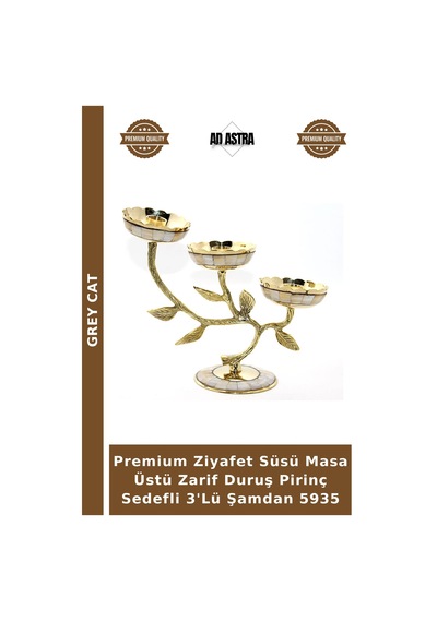 Premium Ziyafet Süsü Masa Üstü Zarif Duruş Pirinç Sedefli 3'lü Şamdan 5935 Çok Renkli