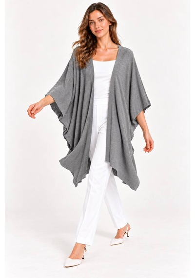 Hıra Co. Kadın Yarasa Kol Tek Plaka Salaş Triko Panço Hırka Gri Gri
