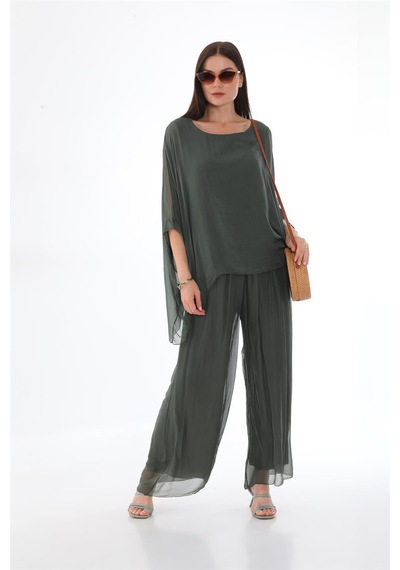 Bohem Stil İtalyan Yarasa Kol İpek Bluz & Pantolon Takım-8767 Koyu Haki
