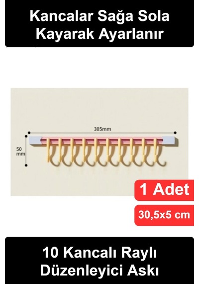Organizer 10 Kancalı Raylı Mutfak Banyo Düzenleyici Askı Yapışkanlı Hareketli Kayar Askılık Dolap İ Çok Renkli