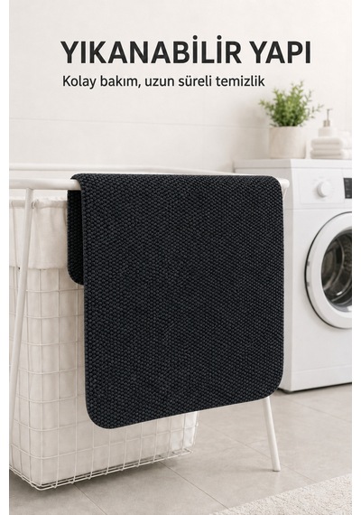 Yıkanabilir Banyo Paspası Kaymaz Taban Su Emici Duş Önü Lavabo Önü Tuvalet Önü Banyo Halısı 40x60 Cm Siyah