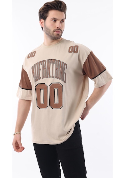 Madmext Bej Baskılı Pamuklu Oversize Erkek T-shirt 7035 Bej