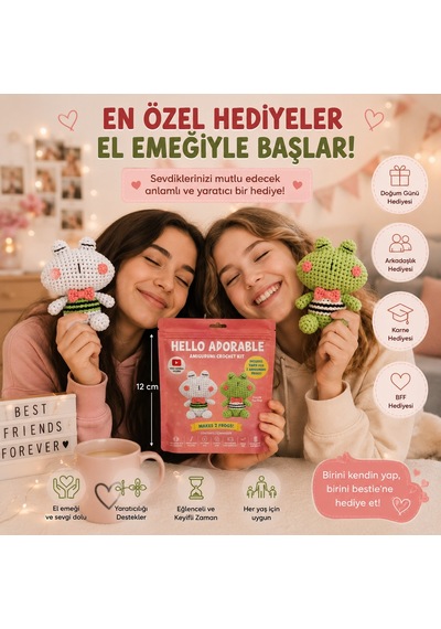 Bakgelal Hello Adorable Amigurumi Kurbağa Yapım Kiti , Kendin Yap Hobi Seti, Türkçe Anlatımlı