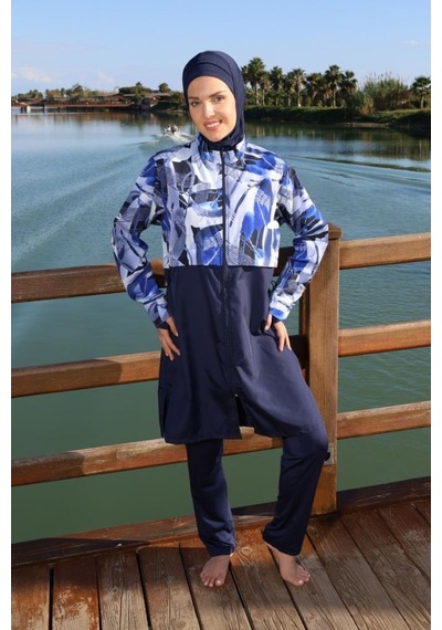 Estiva 26977 Lacivert Blue Motion Tam Kapalı Croplu Pantolonlu Tesettür Mayo