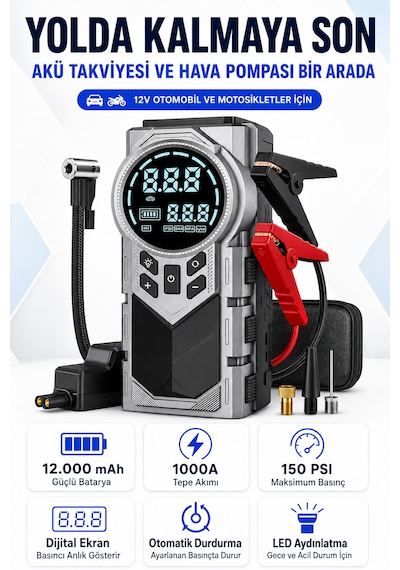 12000 Mah 1000a Hava Kompresörlü Akü Takviye Cihazı 150 Psı Dijital Lastik Şişirme Pompası Pg9081