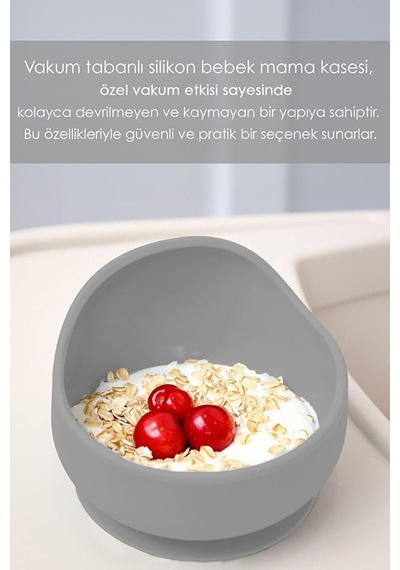 Meleni Baby Vakum Tabanlı Bebek Mama Kasesi - Vakumlu Oval Silikon Kase - Gri Genel
