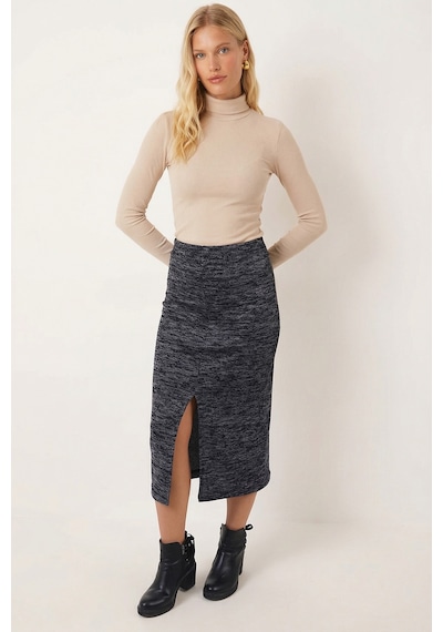 Armonika Kadın Lacivert Önden Yırtmaçlı Beli Lastikli Midi Boy Etek Arm-26k001037
