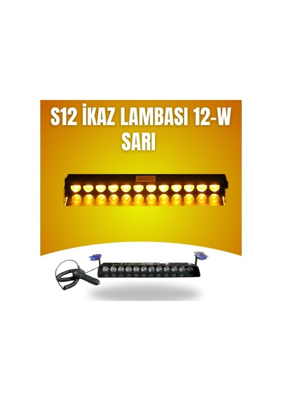 S12 Cam İçi Profesyonel İkaz Lambası Vantuzlu, Çakmaklık Girişli, Sarı Işık